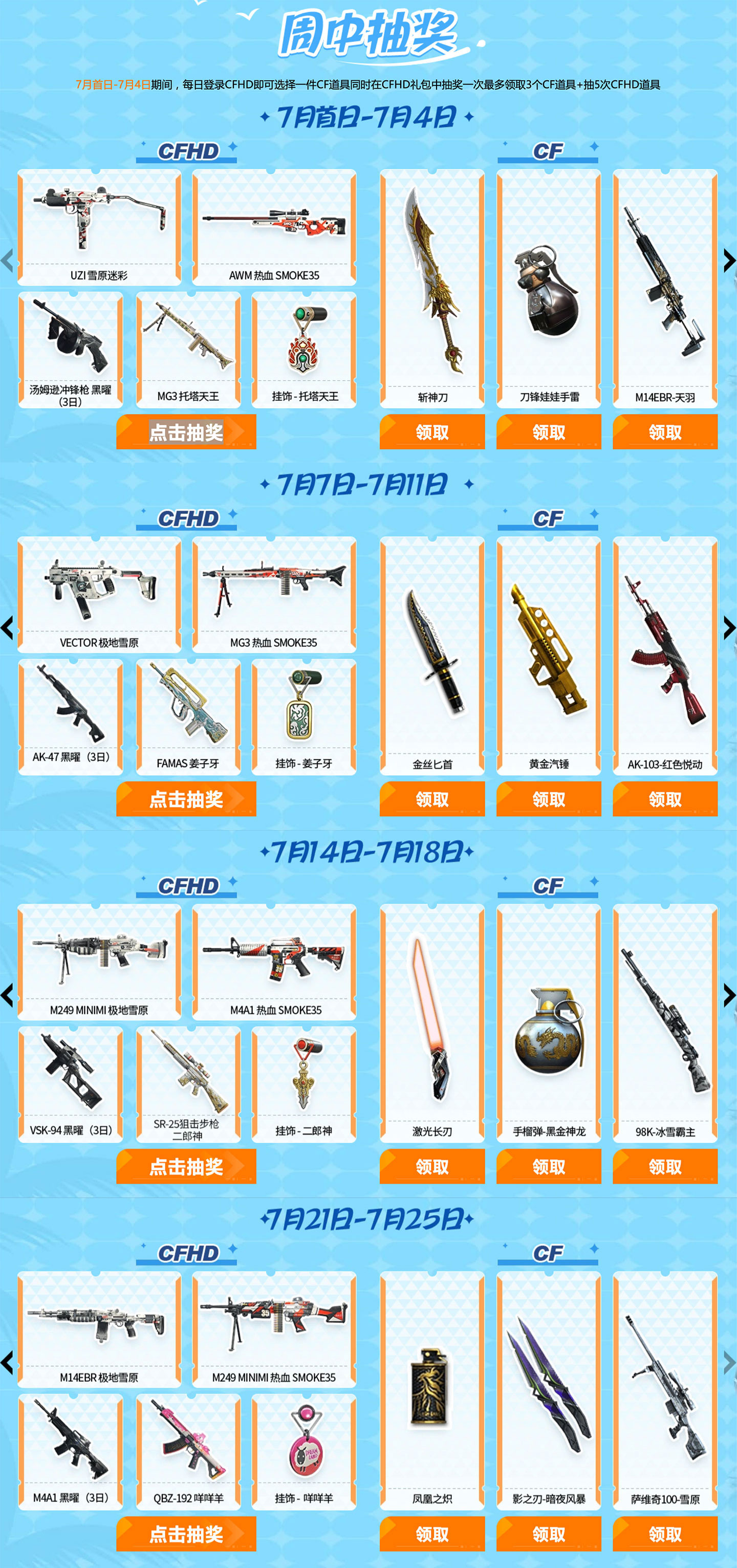 7月CFHD&CF周中活动 领12件永久